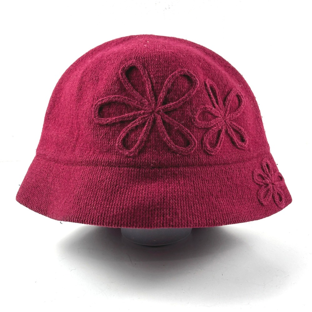 August Hats Cloche Bucket Hat Womens OS Burgundy Red Wool Blend Floral Vtg Style